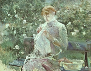 庭で裁縫をする若い女性 ベルト・モリゾ Oil Paintings